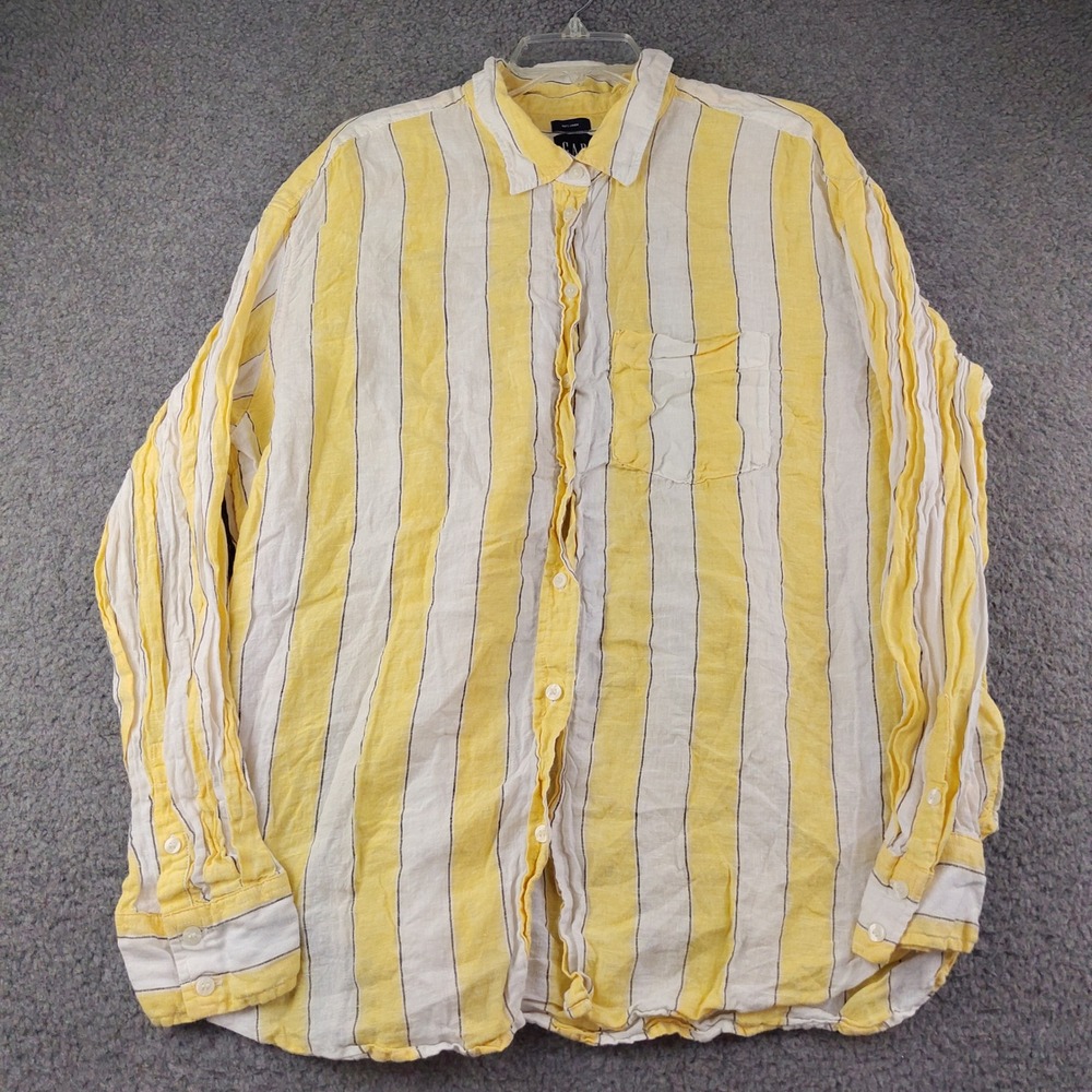 Gap Linen Button Up Shirt Mens XL Tall Striped Yellow White Resort Travel EUC